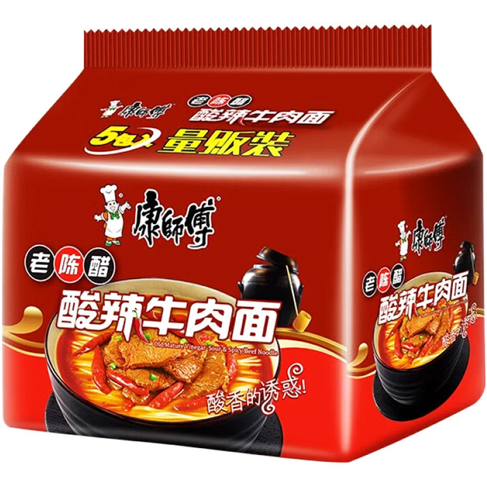 Master Kong Braised Beef Noodles with Sour&Spicy Flavour 康师傅老陈醋酸辣牛肉面五连包 550g